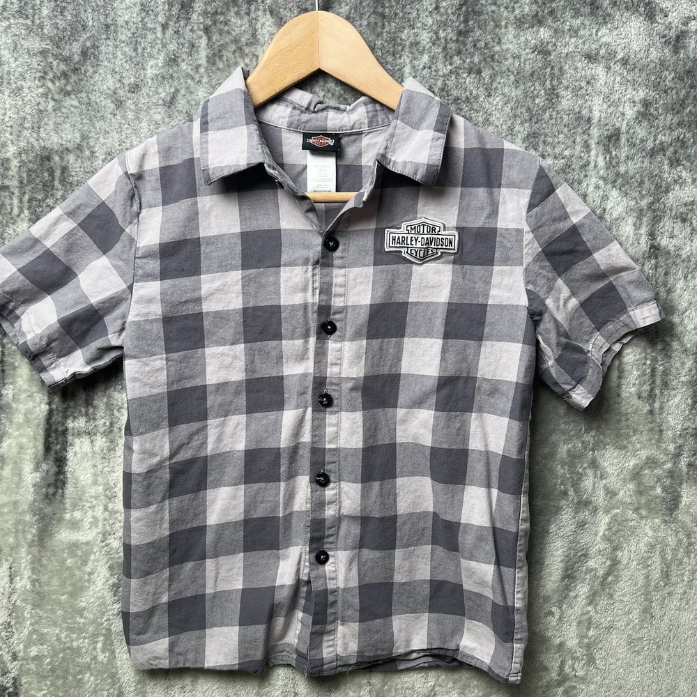 Harley Davidson Big Boys B&S Short Sleeve Plaid Flannel Shop Shirt Gray (12-14)